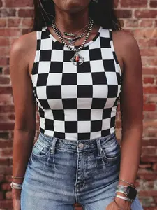 Checkerboard Printed Slim Tank Top, Made From Soft, High-Stretch Fabric, Comfortable To Wear.