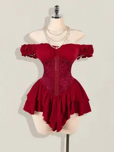 [TRENDY COLOR] Women's White Pleated Jacquard Waist Tie Splice Pleated Ruffle Strap Off Shoulder Multi-Layer Ruffle Hem A-Line Chiffon Mini Dress, Elegant For Party & Casual,Dresses For Women Party