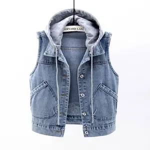 Sleeveless Jeans Jacket Women Korean Fashion Hooded Vests Jean Short Waistcoat Large Size Cotton Zipper Denim Vest Female