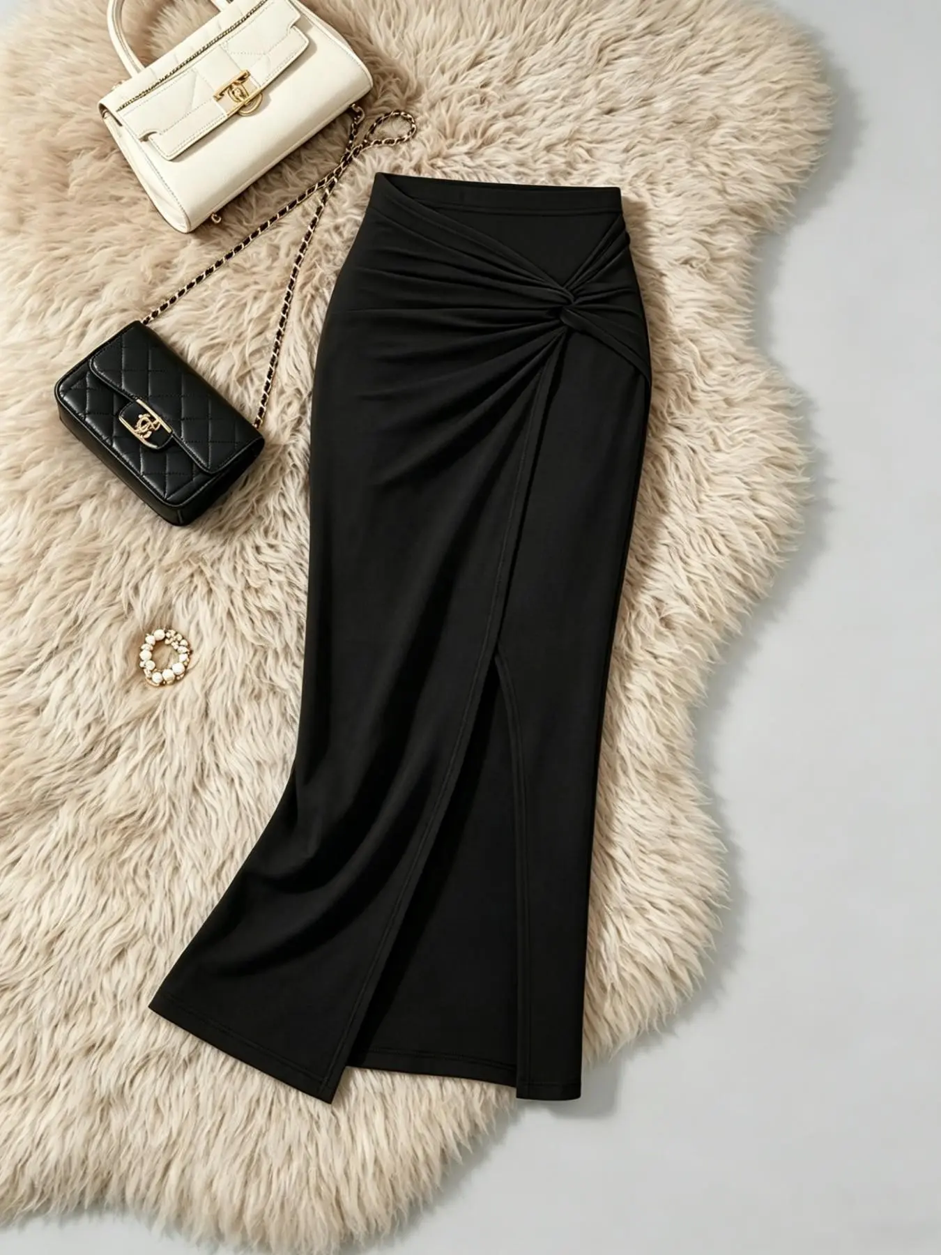 Women's High Waist Knot Split Long Dress, Casual Bodycon Midi Skirt, Elegant Chic Soft Stretch Knit Party Daily Wear Dress, Slit Hem Skirt, Solid Skirt, Side Slit Skirt