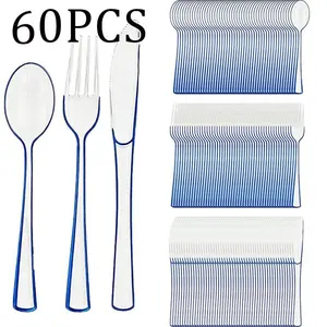 60-Piece Transparent Blue Edge Plastic Cutlery Set, Western Dining Knife Fork Spoon Set, Party Tableware for Birthdays Valentine's Day
