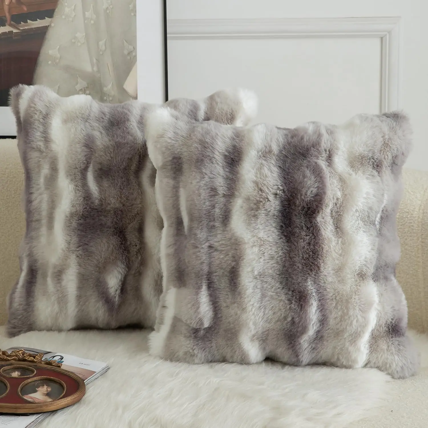 A pack of 2 thick plush wool decorative throw pillow covers, featuring soft wave bubble fur velvet cushion covers and pillow shams for couches, beds, and living rooms, measuring 18x18 inches, available in white and gray.