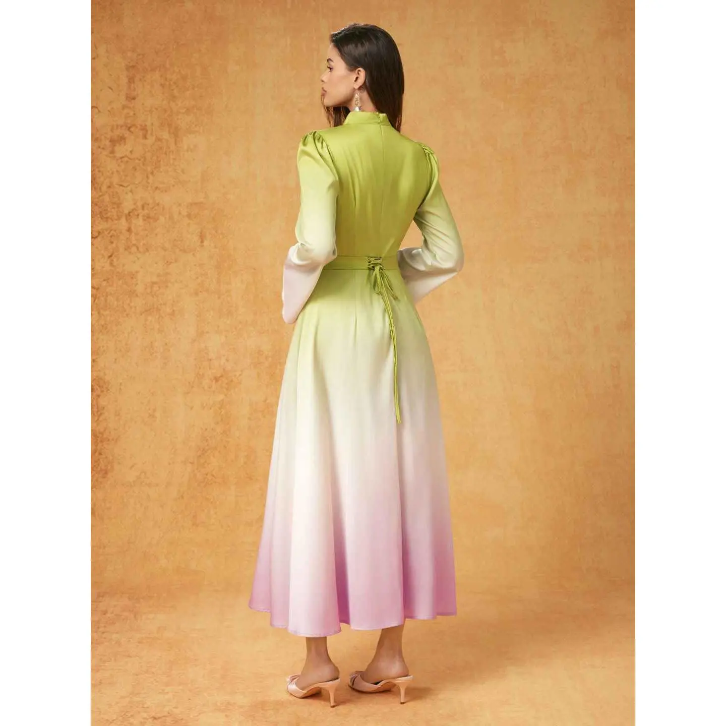 Cider Satin Stand Collar Gradient Lace Up Bell Sleeve Flared Maxi Dress  SwimWeek - TikTok Shop