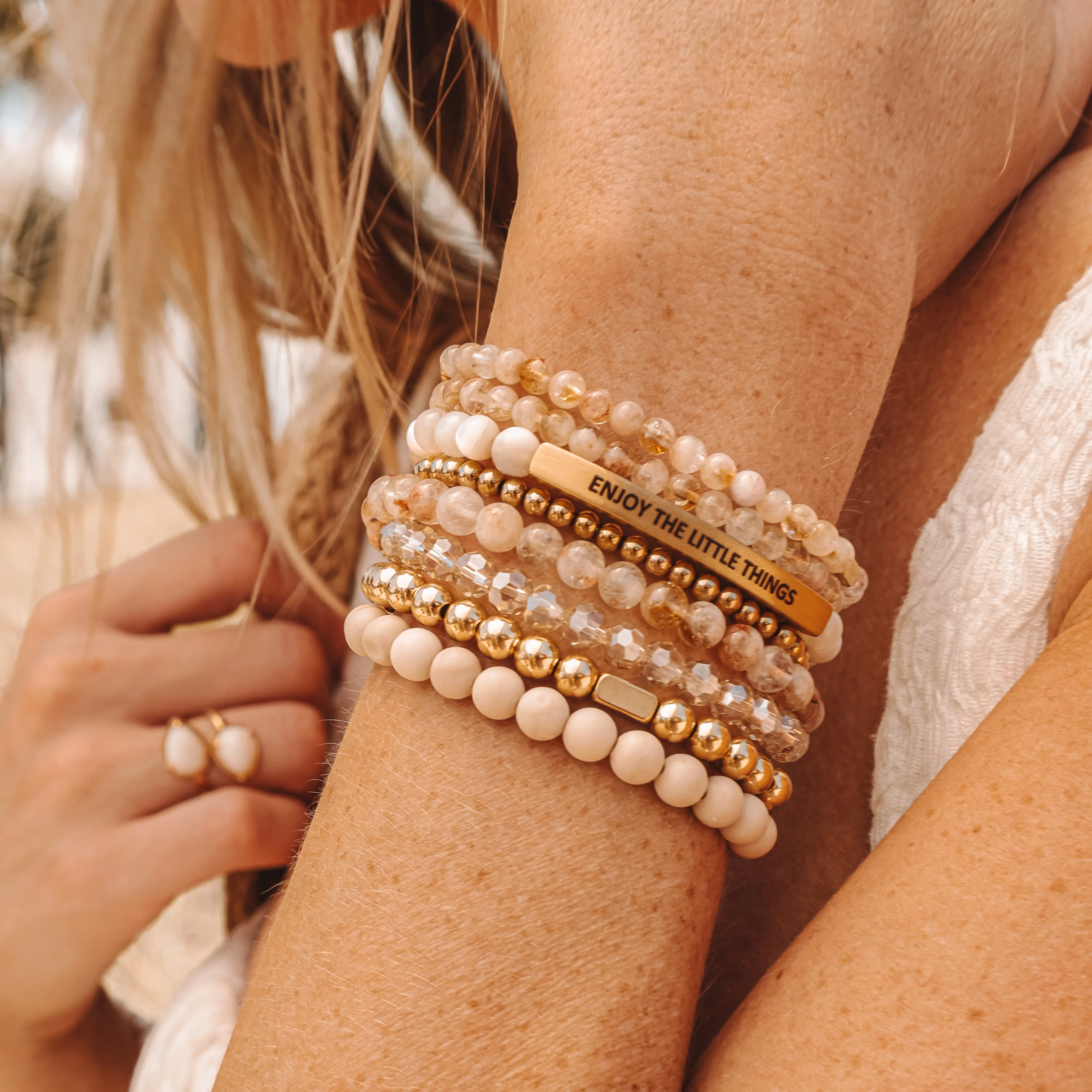 Earthstone Bracelet - Drop #3 Collection, "Enjoy the Little Things" Themed Fashion Costume Jewelry Bracelet, Engraved Tag, Everyday Wear, Unisex Fit