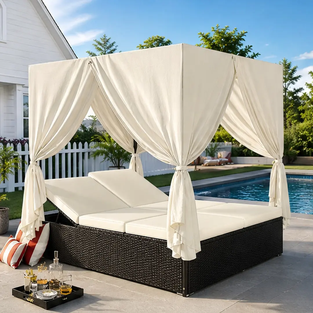 ARCH Outdoor Double Chaise Lounge Daybed with Curtains, Patio Sunbed for Two, Adjustable Backrest, Sturdy Steel Frame, Rattan Loveseat Sofa for Backyard, Poolside, Terrace, Beige/Orange Options, Beige/Orange Color Options, Rattan Material