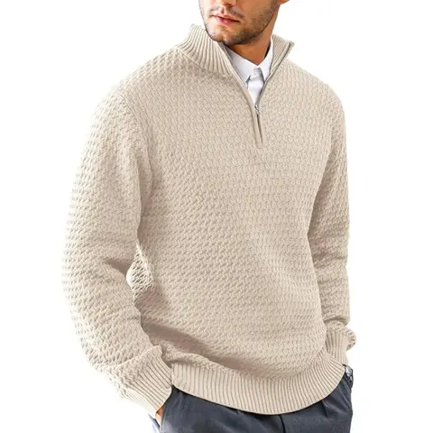 Zaitun Men's 1/4-Zip Mock Neck Turtleneck Sweater - Plain Long-Sleeved Loose V-Texture Casual Menswear Top, All-Season Mens Clothing for Office, Golf Course