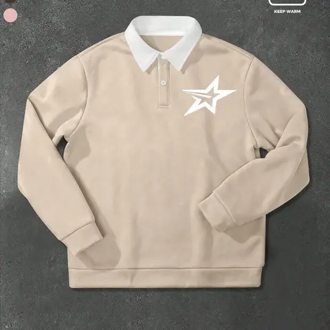 Men's Geometric Star Print Polo Collar Fitted Celestial Sweatshirt, Fashionable Comfortable Pullover for Casual Wear, Perfect Layering Top for Any Season