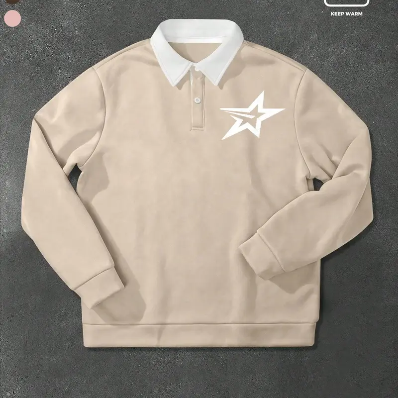 Men's Geometric Star Print Polo Collar Fitted Celestial Sweatshirt, Fashionable Comfortable Pullover for Casual Wear, Perfect Layering Top for Any Season