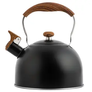Black 2.5L Whistling Tea Kettle Tea Pots Stainless Steel Kettle with Wood Pattern Folding Handle Whistle Kettle for Tea Coffee Canister Beige