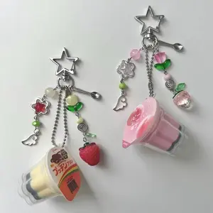 Japanese Pudding Keychain, Pink Yellow Egg Flan Charm, Y2K Heisei Retro Aesthetic Beaded Accessory