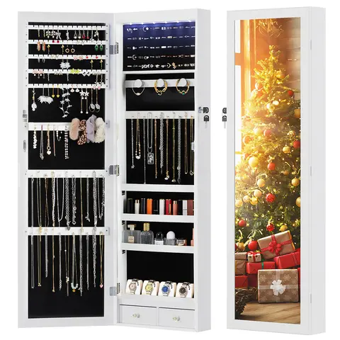 Sweetcrispy Jewelry Armoire Cupboard Furniture - Rectangular Wall/Door Mounted Locking Large Storage Cabinet, Modern MDF Wood Unit with Full-Length Mirror, Built-in Makeup Mirror, LED Lighting, Adjustable Shelves, Drawers