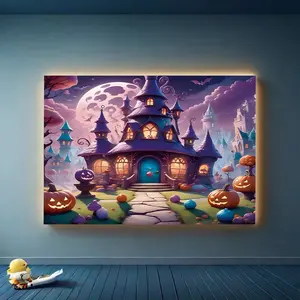1pc Halloween party banner, made of polyester material, with a purple castle and a full moon background picture, suitable for festival party decoration, indoor and outdoor decoration, Halloween party decoration, and photography background decoration