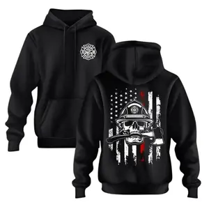 BelleHeaven  Firefighter Skull Hoodie Thin Red Line Flag Graphic Sweatshirt Premium Cotton Blend Pullover for Men Women First Responder Gift Super Soft Comfortable Style