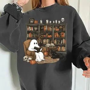 Ghost Reading Books Sweatshirt, Librarian Ghost Halloween Sweatshirt, Halloween Teacher Shirt, Halloween Bookish Shirt, Ghost Book Shirt, Teacher Gift, HalloweenVibes Sweater, Spooky Season, Vintage Trendy Casual Shirt For Men Women Womenswear Hoodie