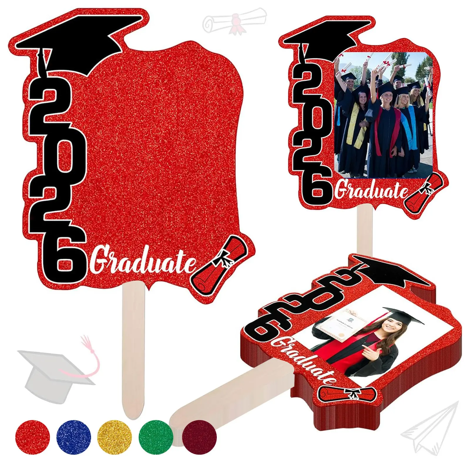 12-24 Piece Graduation Decor Folding Fans & Frame Props, 6 Inch Photo Holders, Class Photos Party Decoration Supplies, Ceremony Stage Setup