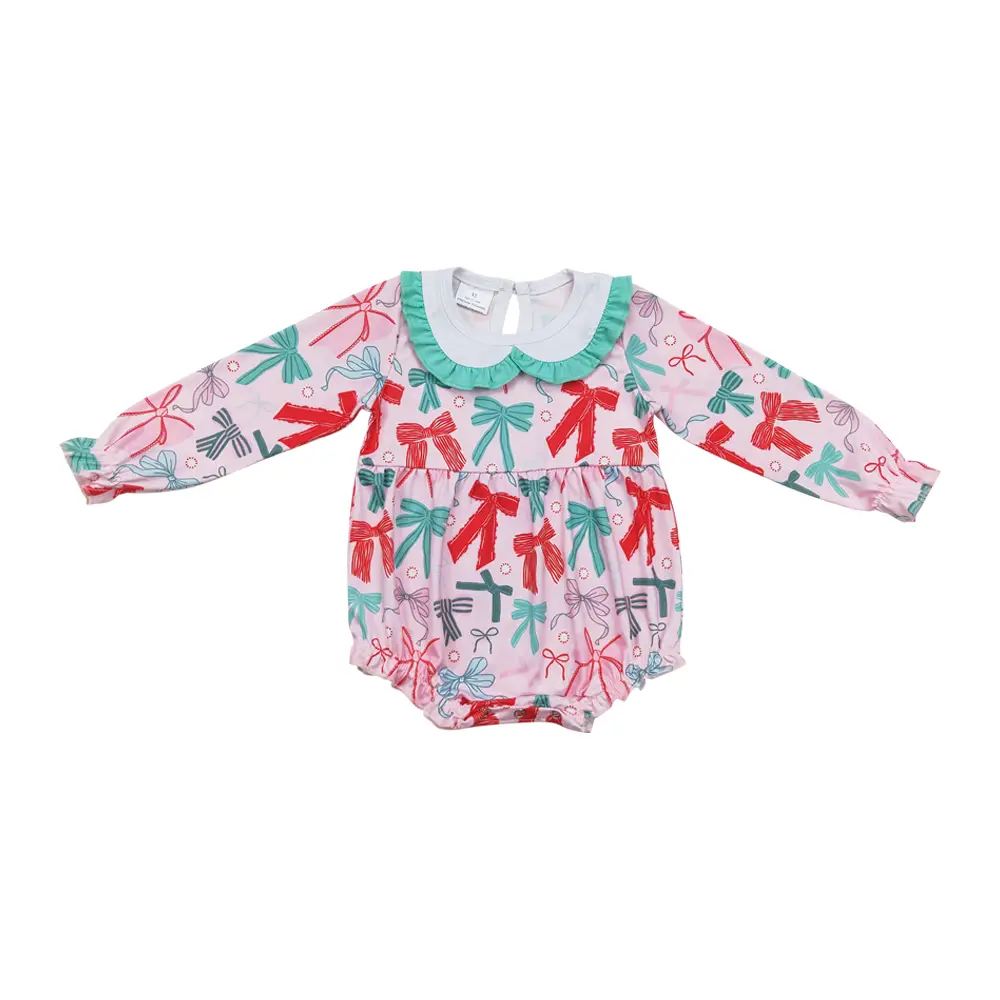 LR1413--Pink long-sleeved onesie with doll collar and bow pattern