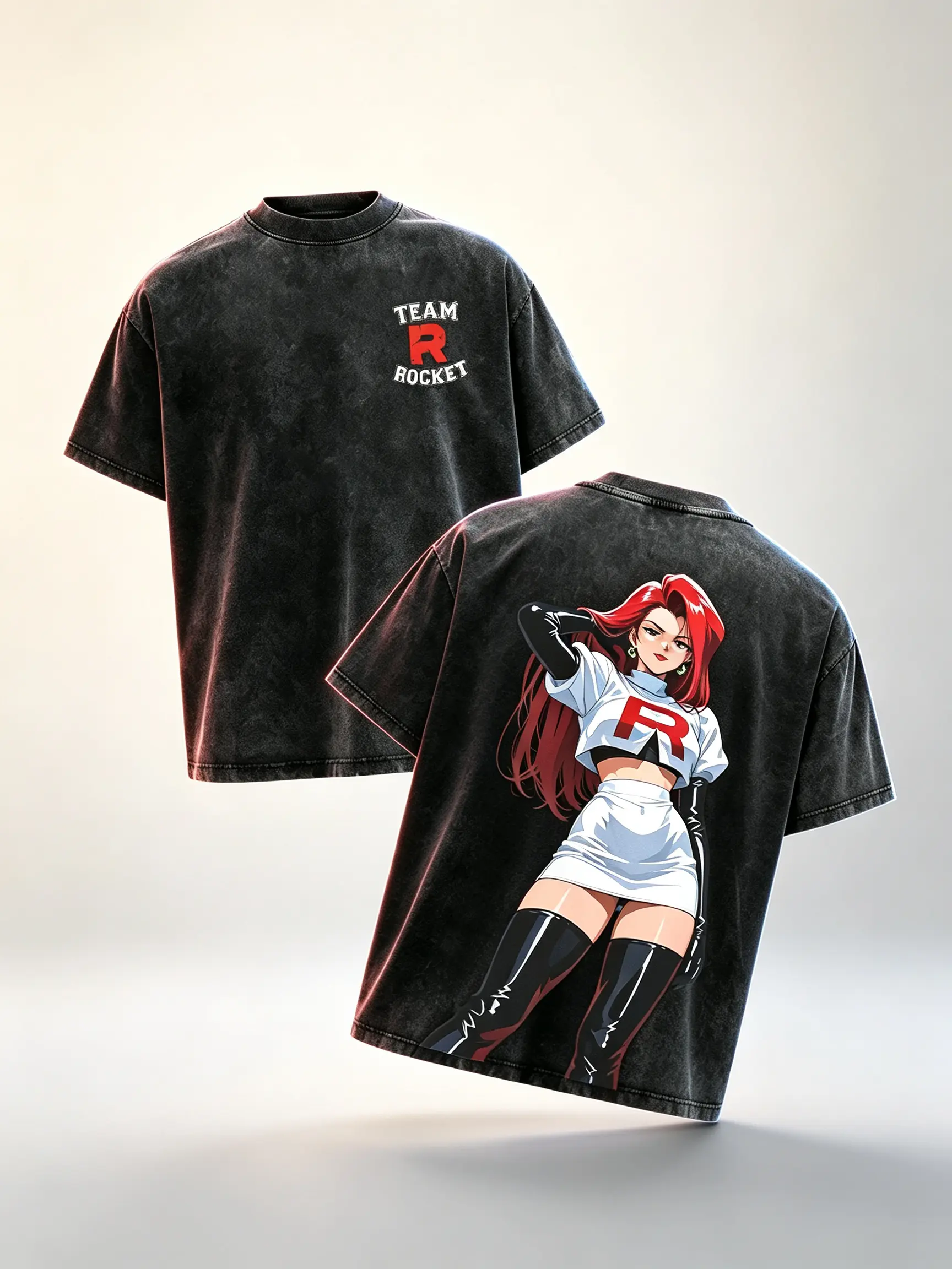 Retro 90s Anime Short Sleeve T-shirt for Unisex Fans, Washed Heavyweight Cotton Crew Neck with Double-Printed Team Rocket & Jessie Graphic, Shortsleeve, Double Printed With Team Rocket And Jessie, Casual, Menswear, Tops, Graphic Art