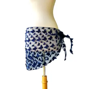 Navy Blue 3D Butterfly Applique Sarong Wrap Bikini Coverup M