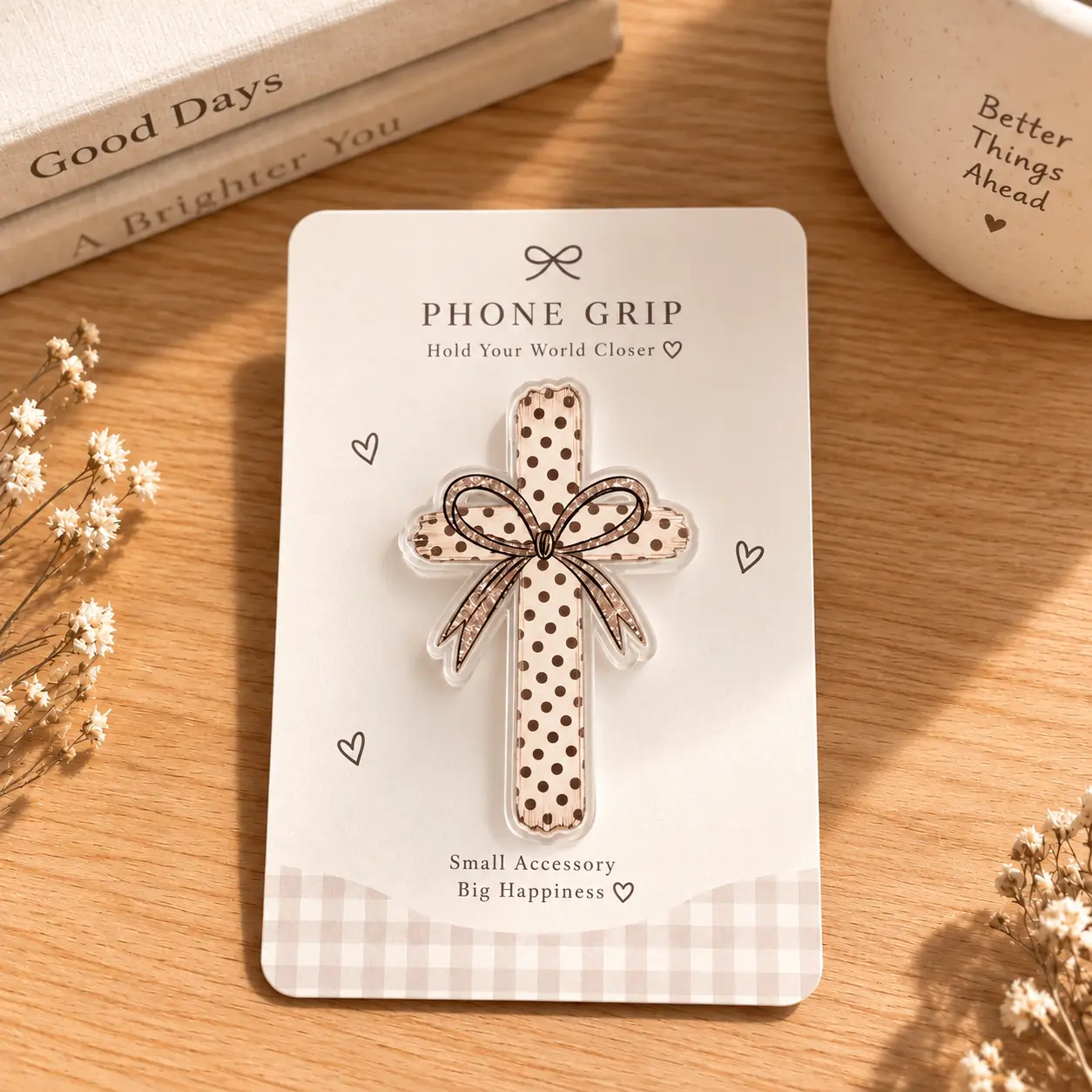 Vintage Bow Phone Grip, Kindle Grip, Polka Dot Ribbon Acrylic Phone Holder, Coquette Style Phone Stand, Neutral Aesthetic Phone Accessory, Gift for Her