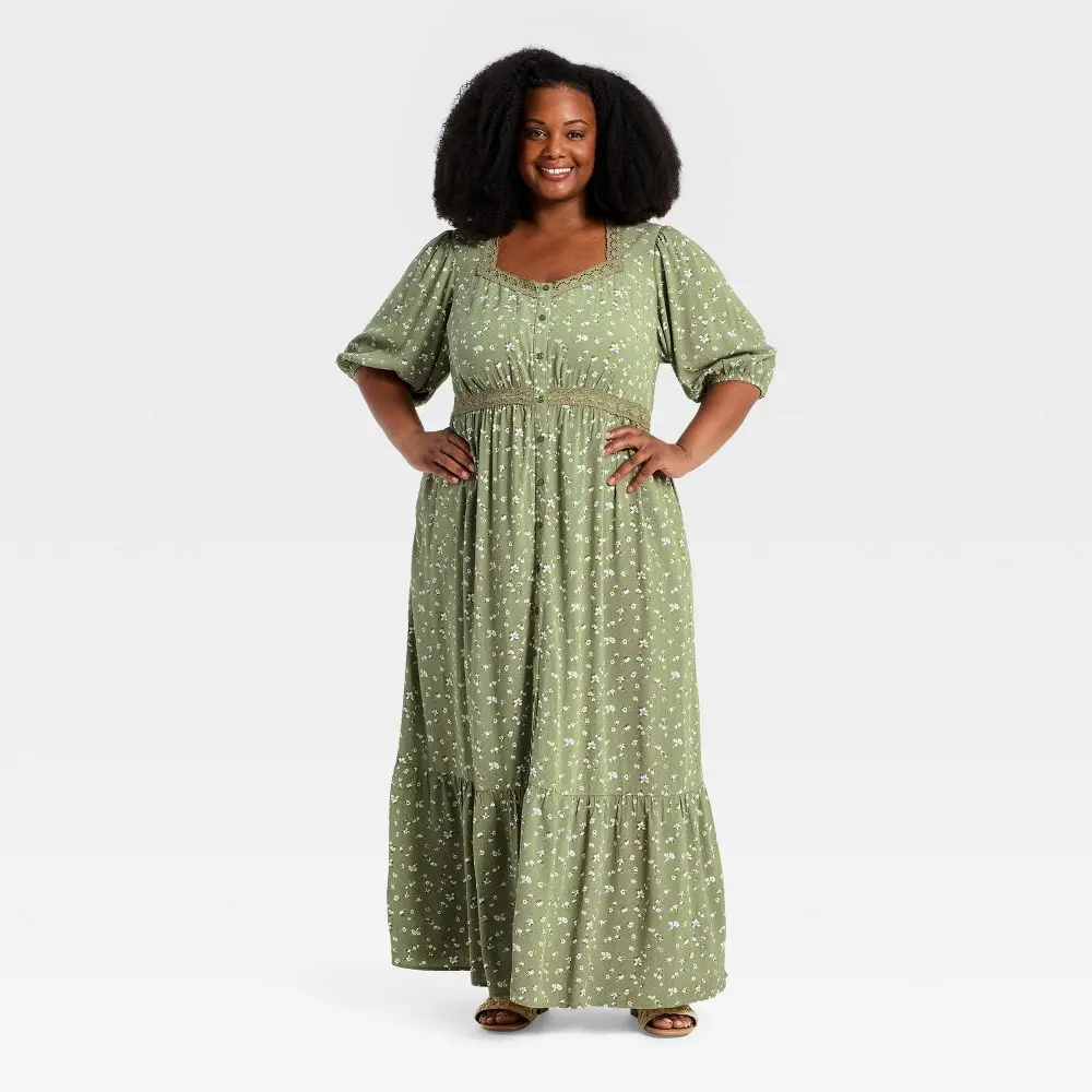 Ava & Viv Women's Elbow Sleeve Button-Front Lace Trim Maxi Dress
