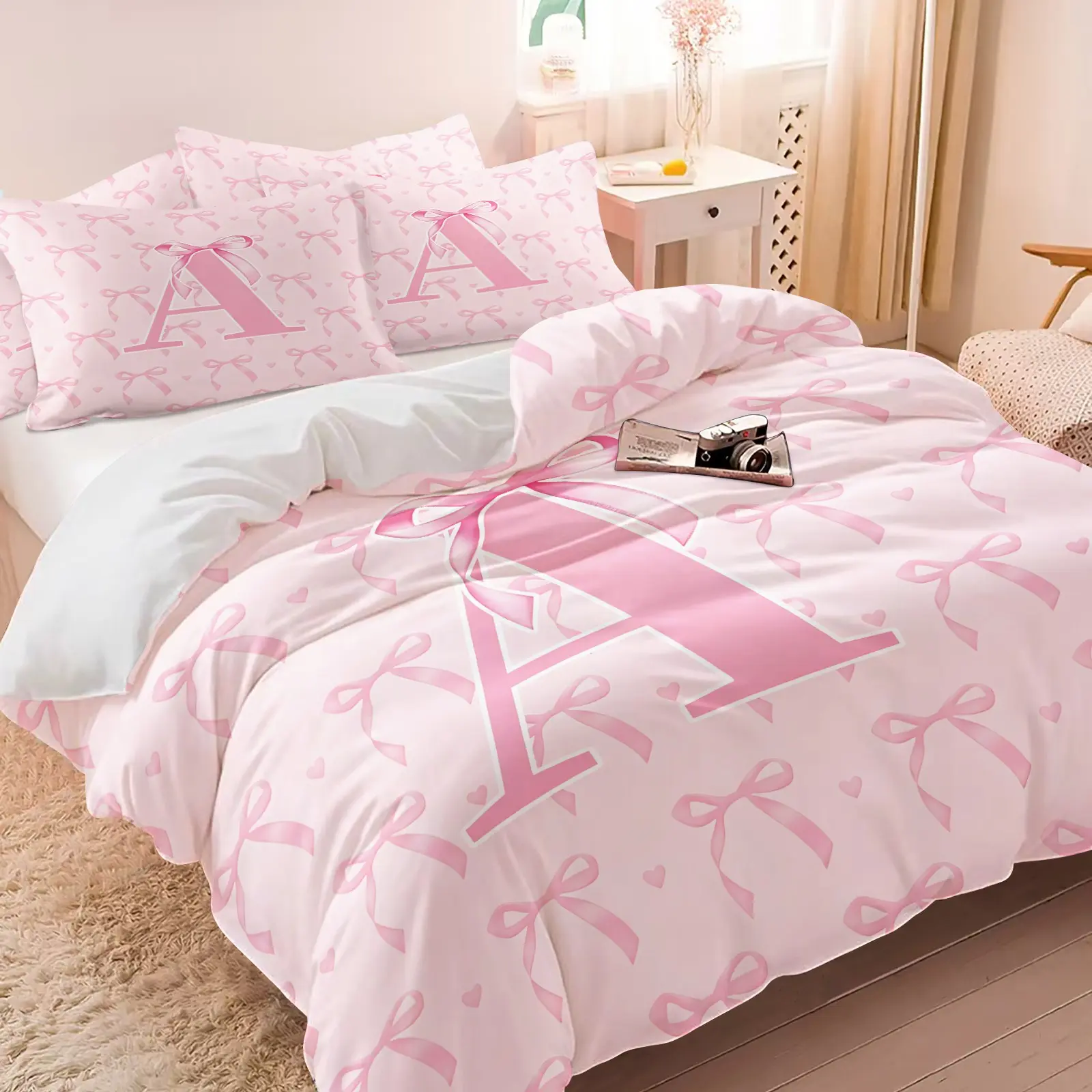 Pink Monogram Letter A Twin Duvet Cover Set Bow All Over Print Zipper Closure Soft Microfiber All Season Decorative Printed Bedding Set for Teen Girls Bedroom Dorm Home Decor Gift Bed Sets Supplies