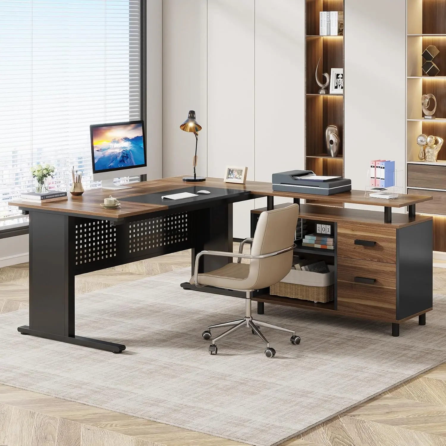 LITTLE TREE 63 Inch Executive Desk with File Cabinet, Large Office Desk L Shaped Computer Desk with Drawers and Storage Shelves, Business Furniture Desk Workstation for Home Office, Brown and Black
