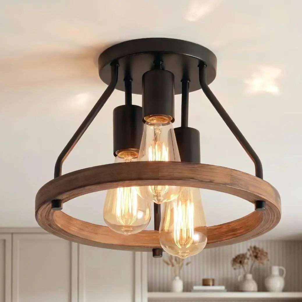 Rustic 3 Light Semi Recessed Ceiling Fixture Natural Wood And Black Metal Hardwired 120V E26 Warm Glow Indoor Light Fixture For Bedrooms Hallways Entryway Farmhouse Living Room Comes With Installation Hardware Dimmable Bulbs Not Included