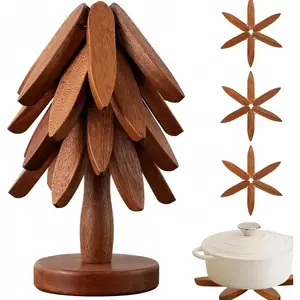 1pc New Wooden Coaster Set for Hot Dishes, Christmas Tree Design, Aesthetic Foldable Kitchen Decor, Perfect for Festive Season, Easy to Use, Wood Coasters