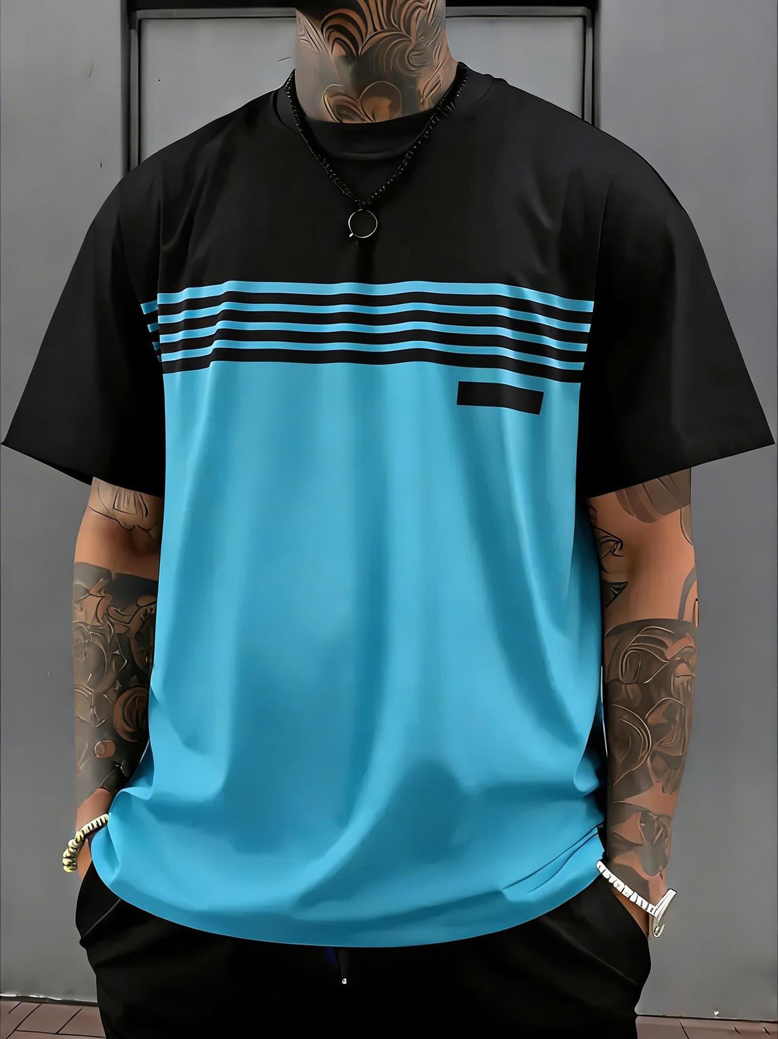 Men’s slim-fit quick-dry sports T-shirt; lightweight color-block striped casual fitness short-sleeve T-shirt—thin, breathable, and comfortable. Suitable for summer outdoor leisure activewear styling. This short-sleeve T-shirt is ideal for parties and dini