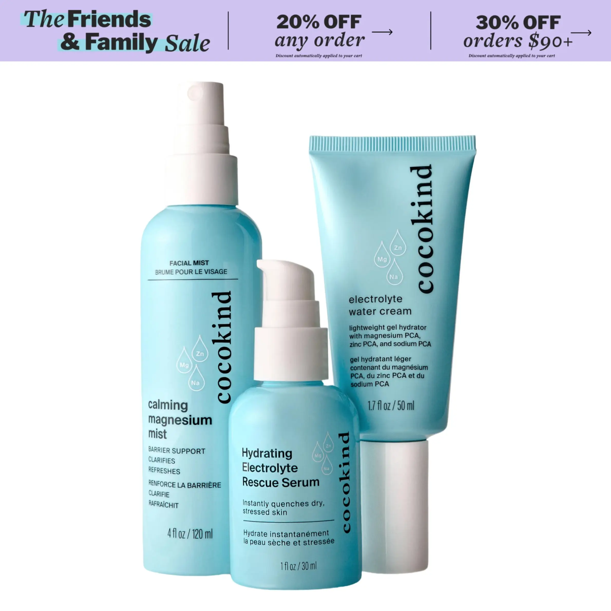 [cocokind] Electrolyte Family Bundle | 3-Piece Hydration Skincare Set | Magnesium Mist + Electrolyte Serum + Water Cream | Hydrating & Calming
