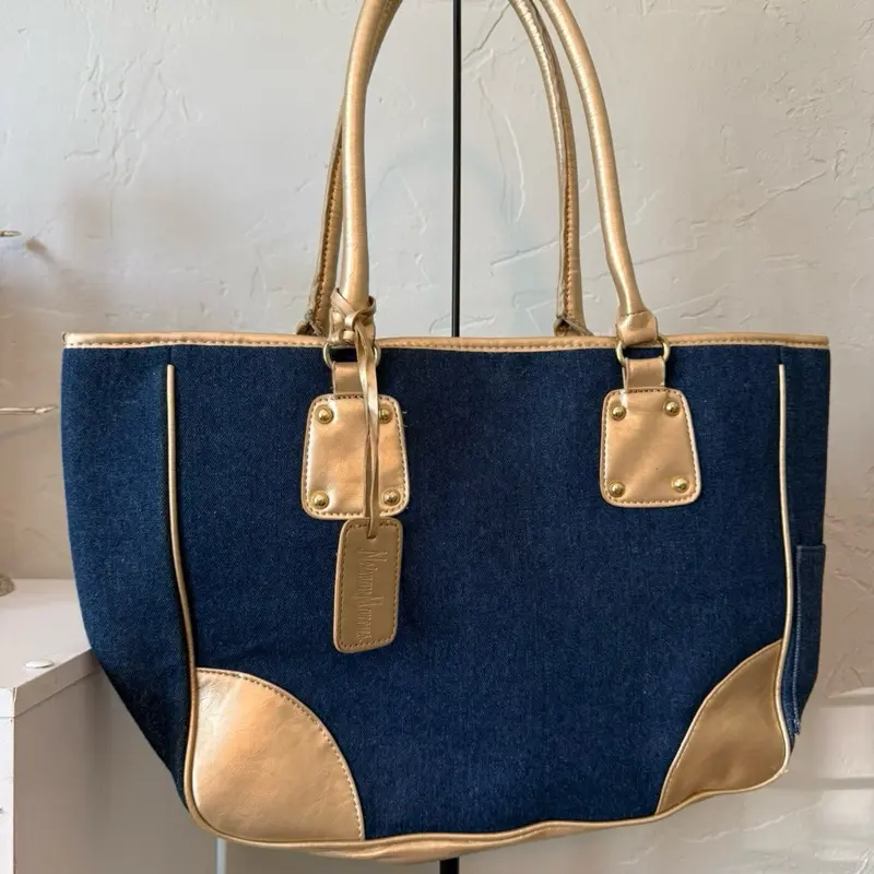 Neiman Marcus Blue Denim Shoulder Tote Handbag Gold Metallic Trim Trendy Bag