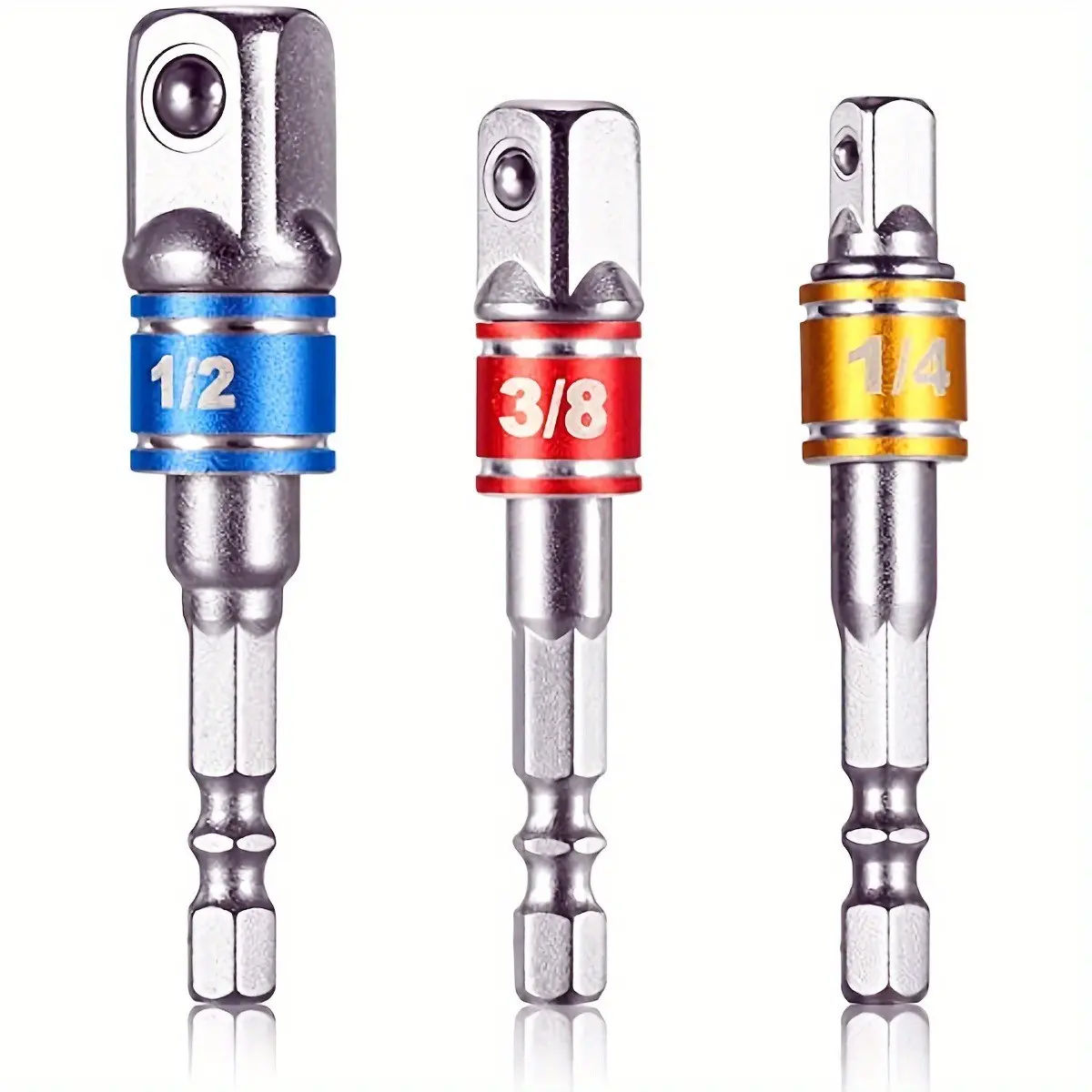 3pcs Impact Grade Socket Adapter Set, impact sockets set, Steel Hex Shank to Square Socket Drill Bits, Cordless Impact Driver, Color-Coded Rings, Home & Car Repair Tools
