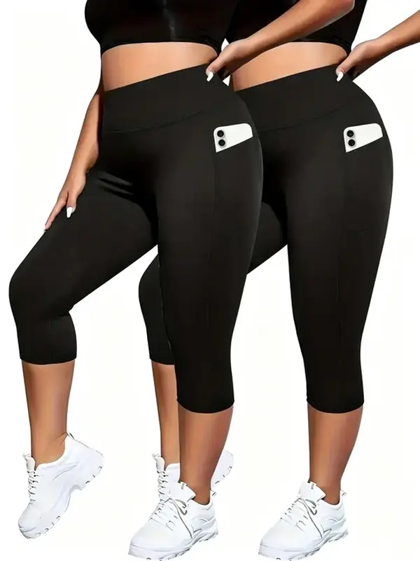 2 Pack Capri Leggings with Pockets for Women High Waisted Tummy Control Workout Gym Yoga Pants Black Leggings