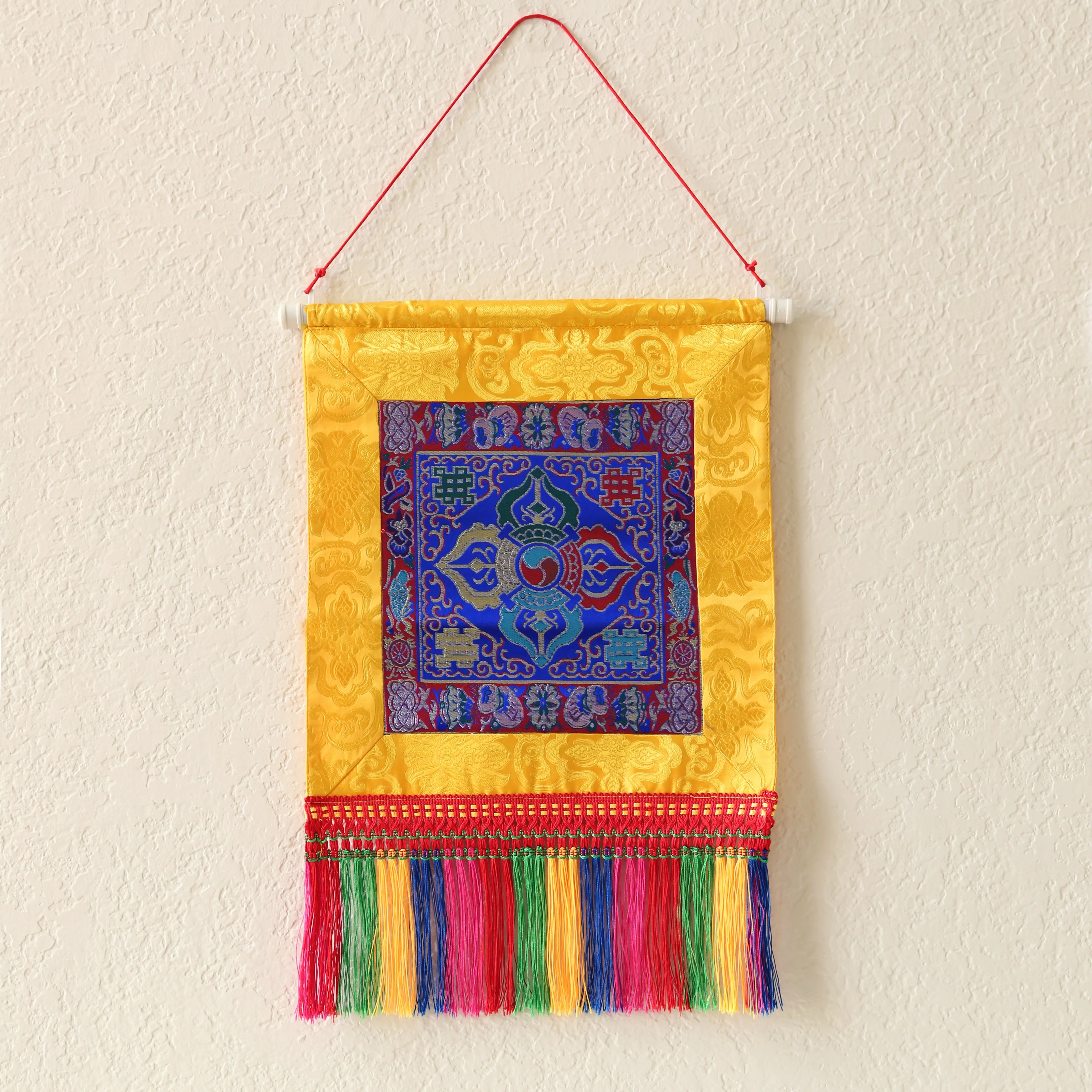 Tibetan Buddhist Cross Vajra Dorje Wall Hanging Tassels Small Tapestry, 18"X12", Asian Chinese Indian Wall Art Home Décor