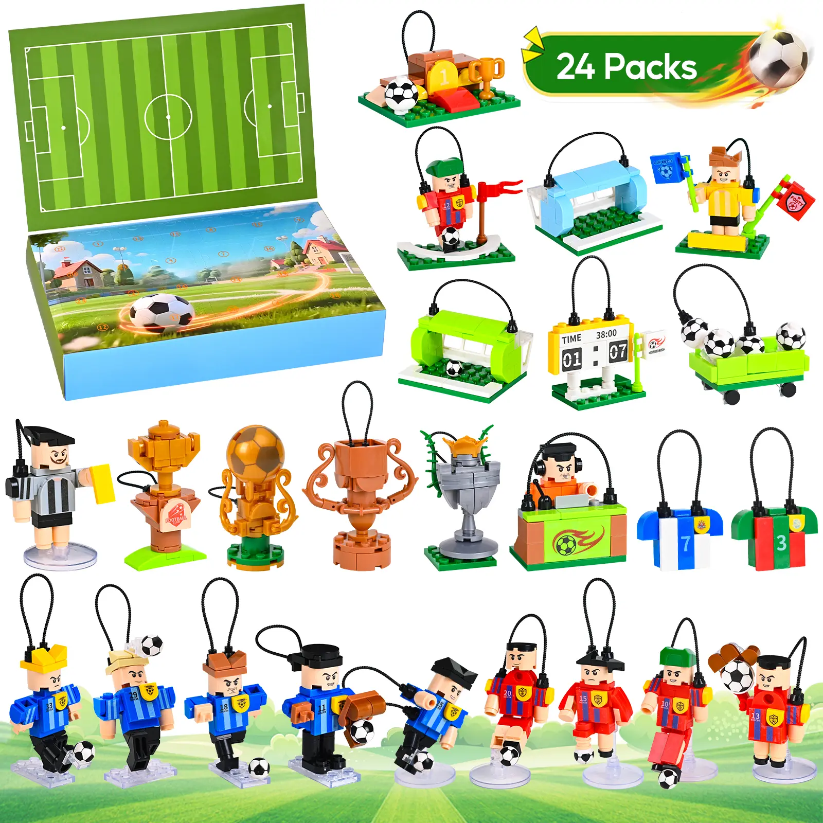 Summerwins Soccer Building Blocks Advent Calendar 712PCS Soccer Building Blocks Set - 24 Different Football Minifigures Construction Toy Set with Soccer Field, Trophy & Accessories, Ideal Gift for Kids Boys & Girls outdoorfun,summerwins