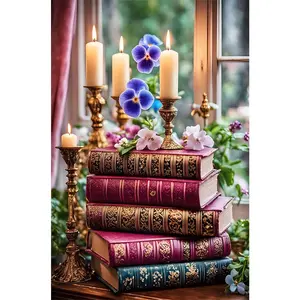 1PCS Vintage Book Stack with Candles and Pansies Diamond Painting Kit for Home Decor DIY Art Craft Gift