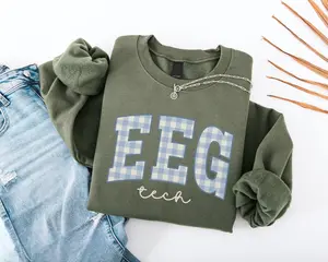EEG Tech T-Shirt, Sweatshirt - Neuro Tech Blue Gingham Sweater, Neurology Brain Wave Tech Gift, EMU Tech Pullover, EEG Technician Graduation Gifts