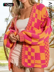 Women's Plaid Pattern Drop Shoulder Cardigan, Retro Casual Long Sleeve Knitwear for Spring & Fall, Fashion Women's Knit Clothing for Daily Wear, Knitted Sweater