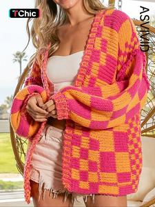 women's plaid pattern drop shoulder  cardigan, retro casual long sleeve knitwear for spring & fall, fashion women's knit clothing for daily wear