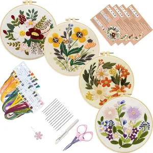 4 Sets Embroidery Set for Beginners Art Crafts Easy Sewing Includes Embroidery Clothes with Pattern, Hoop, Instruction Manual, Color Stitch Set (Assorted 1)