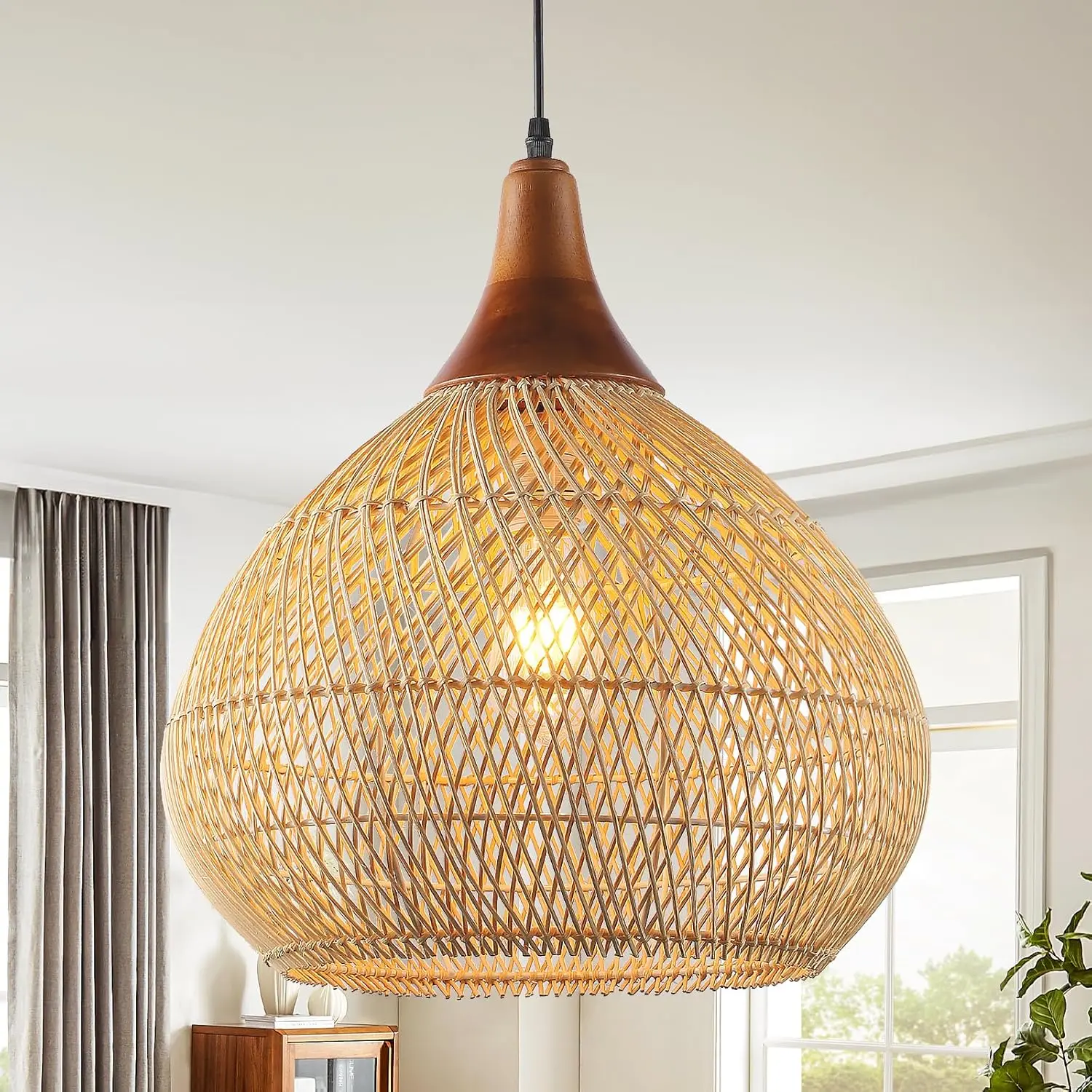 Natural Rattan Weave Pendant Chandelier - 15.7" Size Ceiling Spots, Hand-Woven Boho Wicker Basket Light with Solid Wood, 60W Line Voltage AC Power Supply, Adjustable Indoor Ceiling Light (Not Smart Devices) for Dining Room, Kitchen Island