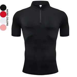 Men's Half Zipper Stand Collar Tight Short Sleeve Summer Sports Fitness Quick Drying Top in Multiple Colors