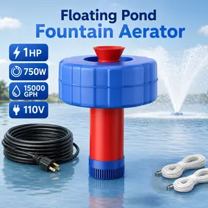 Pond Fountain Aerator 1HP 110V 750W, 15000 GPH Floating Fountain Pump with Timer, 100 ft Power Cord, 2 x 100 ft Ropes, 2 Nozzles, Powerful Aerating Fountain for Larger Ponds, Lakes & Farm Ponds