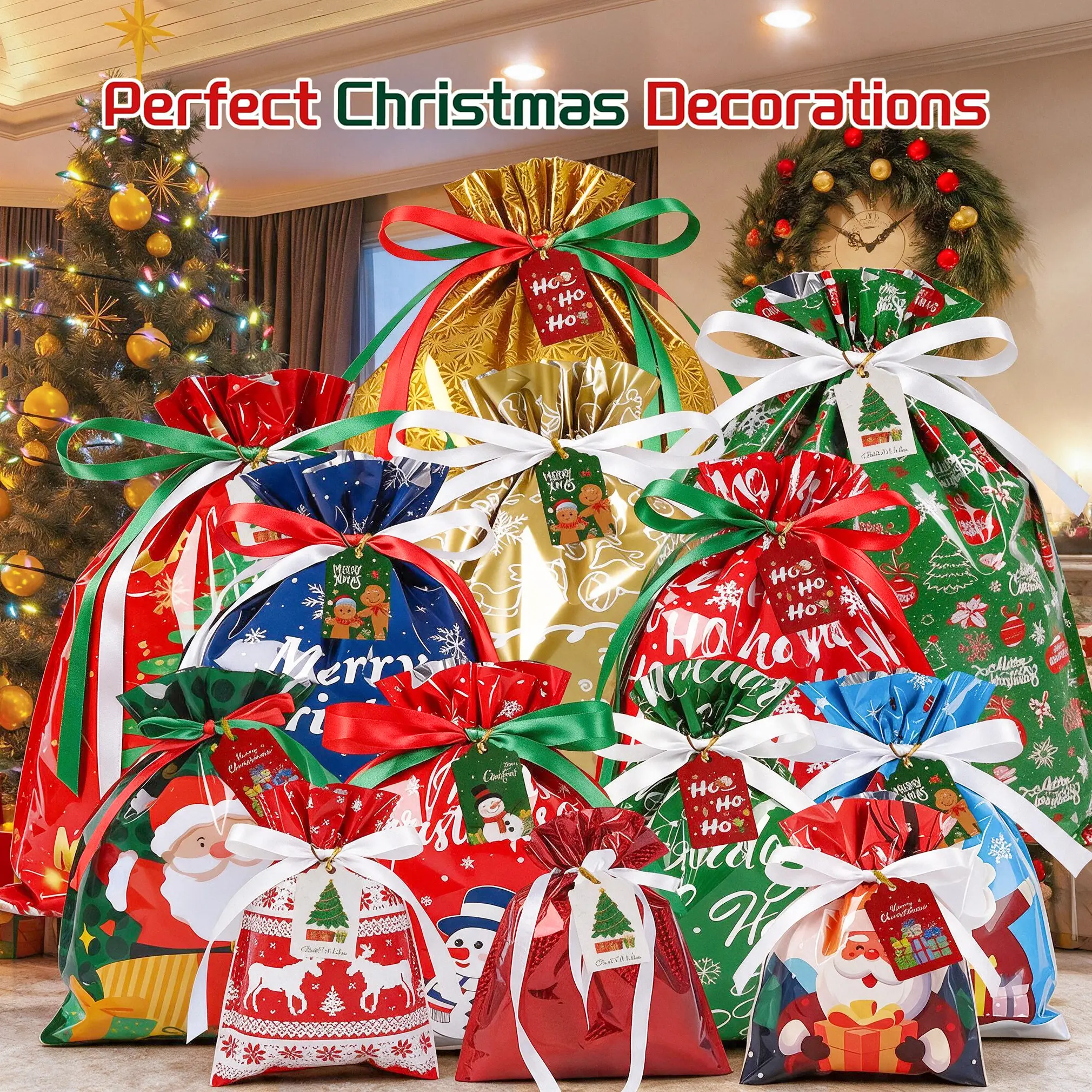 90pcs Reusable Drawstring Christmas Gift Bags with Tags (40 Sets) - Large/Med Unisex Santa Snowflake Decorative Prepackaged Supplies for Holiday Gifting, Goodie Bag Ideas, Festive Home Needs, Holiday Decor