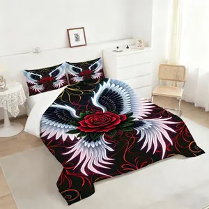 2/3Pcs Gothic Romance Comforter Set, Striking Deep Red Rose with Angelic Wings Bedding Set, Elegant Dark Themed Bedroom Decor, Luxurious Soft Quilt for Dramatic Home Aesthetic. 1 or 2 Pillowcase No Pillow Core