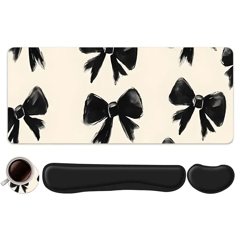 4pcs Elegant Black Bow Design Mouse Pad And Keyboard Wrist Rest + Ergonomic Mouse Pad + Coaster Set For Desktop Decoration, Office Accessories Set Ergonomic Wrist Support, Computer Mat Mouse Pad Coaster Suitable For Home Office Gaming, Mousepad