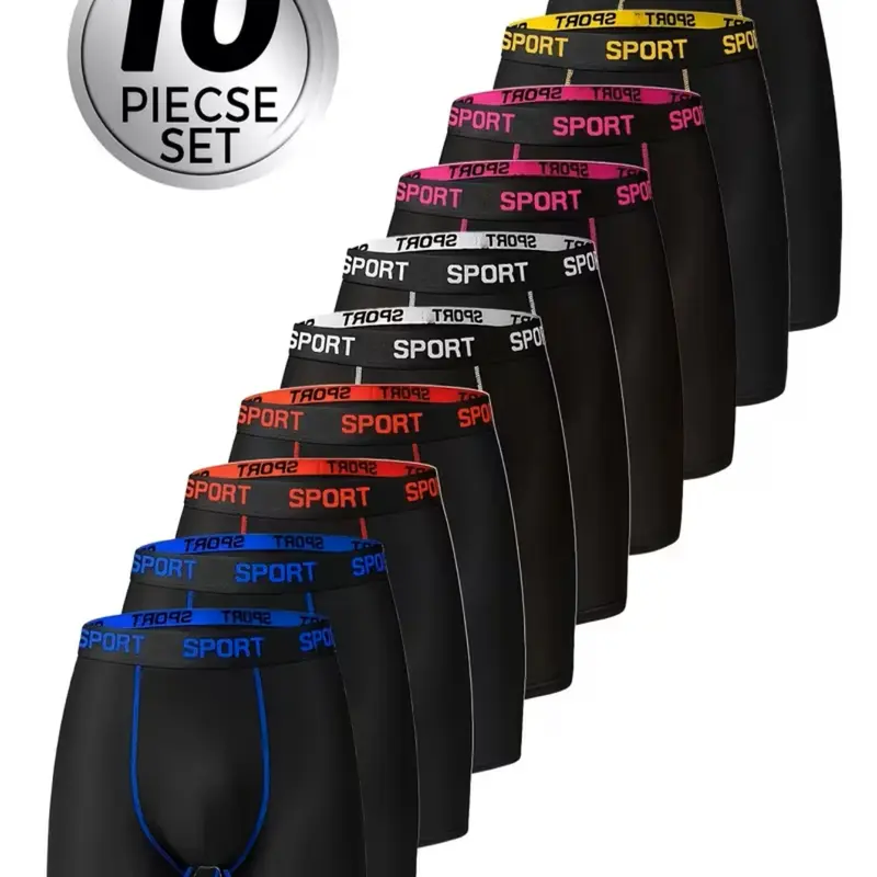 10 Packs Men's Stretchy Boxer Briefs – Casual Slim Fit, Breathable, Moisture-Absorbing Underwear for Daily Wear, All Seasons, Athleisure Menswear, Solid Color/Letter Tape – Ideal Christmas Gift