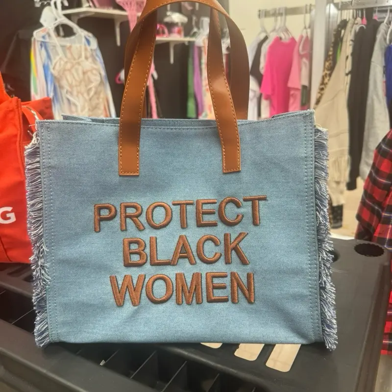 Protect Black Women Handbag - Blue Tote Bag with Bold Text and Fringe Detailing