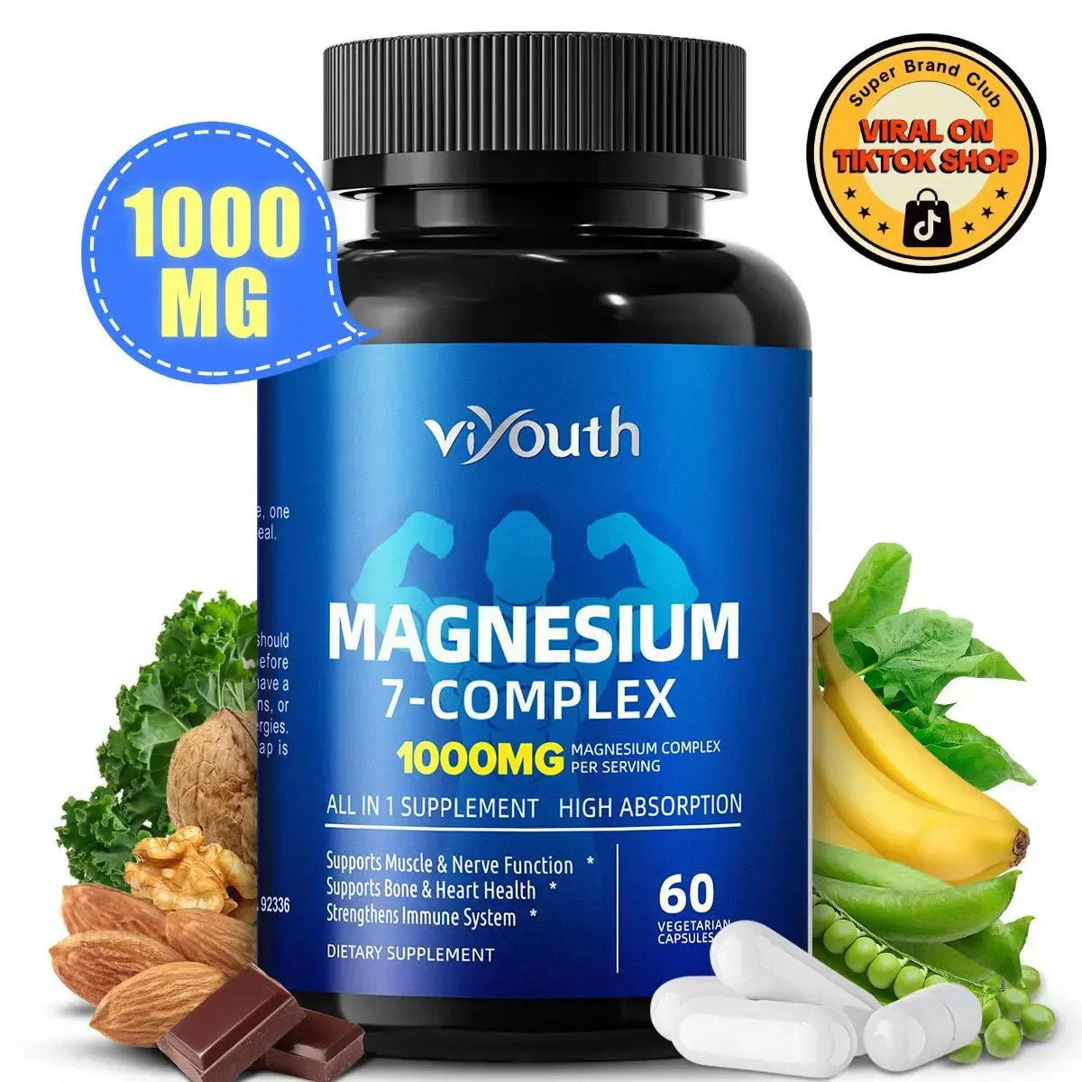 Viyouth 1000mg Magnesium Complex - 10 Elemental Magnesium Complex & Zinc for Calming Sleep & Relax - Dietary Supplement for Hair Health Digestive Detox & Cortisol Balance-3rd Party Tested Tablets Fitness, magnesium glycinate Vitamin Healthcare