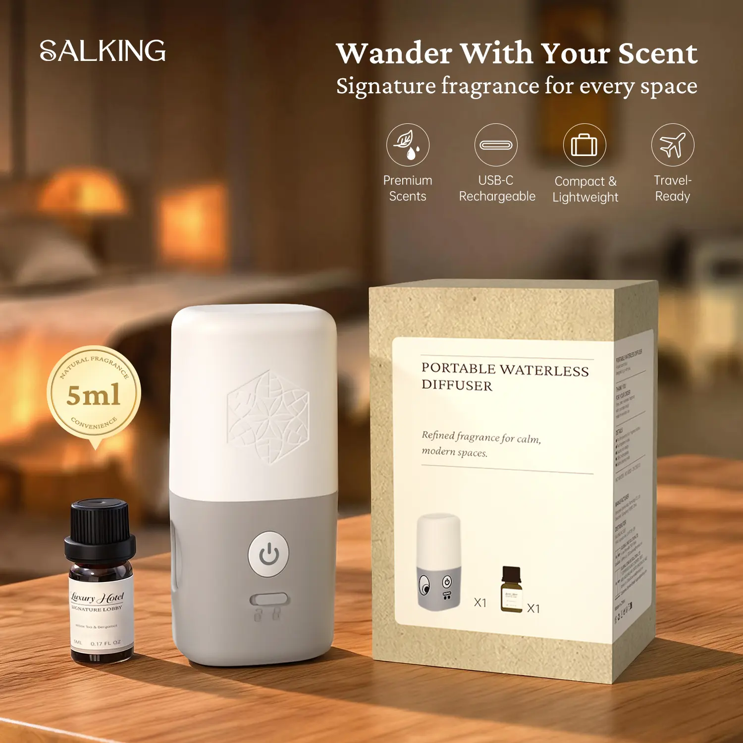 SALKING Portable Rechargeable Waterless Scent Diffuser Luxury Hotel Signature Lobby White Tea Fragrance Cordless Mini Travel Essential For Small Apartment Bedroom Travel Vacation